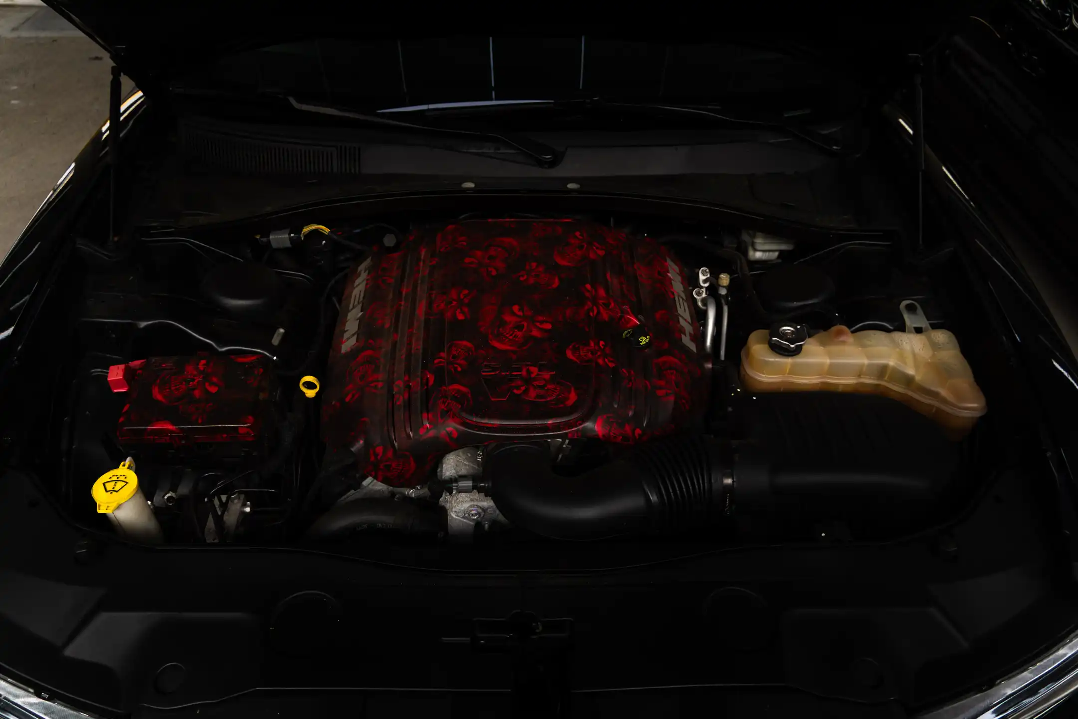 Image of a Dodge Charger Engine with a Red and Black Skulls Engine Cover in Maryland by Antlophotography